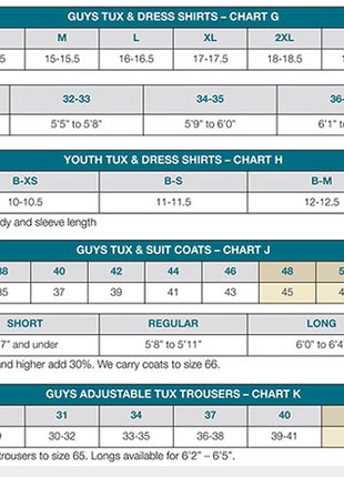 Concert Tuxedo Package Size Charts